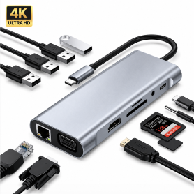 Station d’accueil Hub Ethernet USB-C 11 en 1 – Connexion Internet filaire RJ45 pour ordinateur, tablette et smartphone